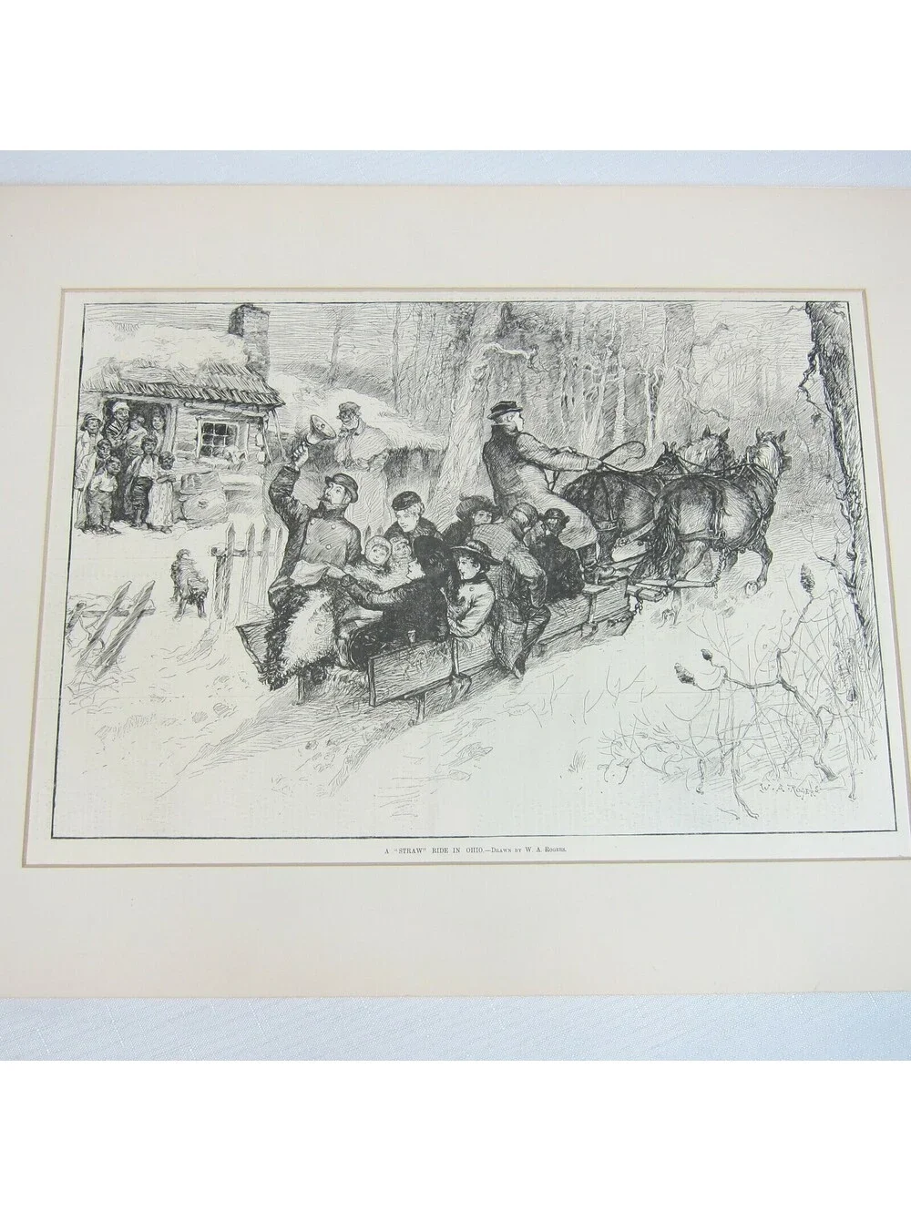 Antique 1882 Print A Straw Ride in Ohio Snow Sleigh W.A. Rogers Harper’s Weekly